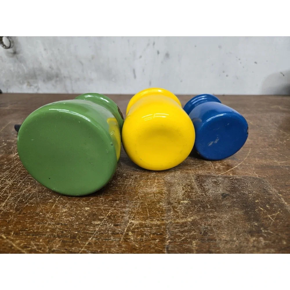 Vintage Enamelware Pouring Pots Set of 3 Green Yellow Blue Long Handle